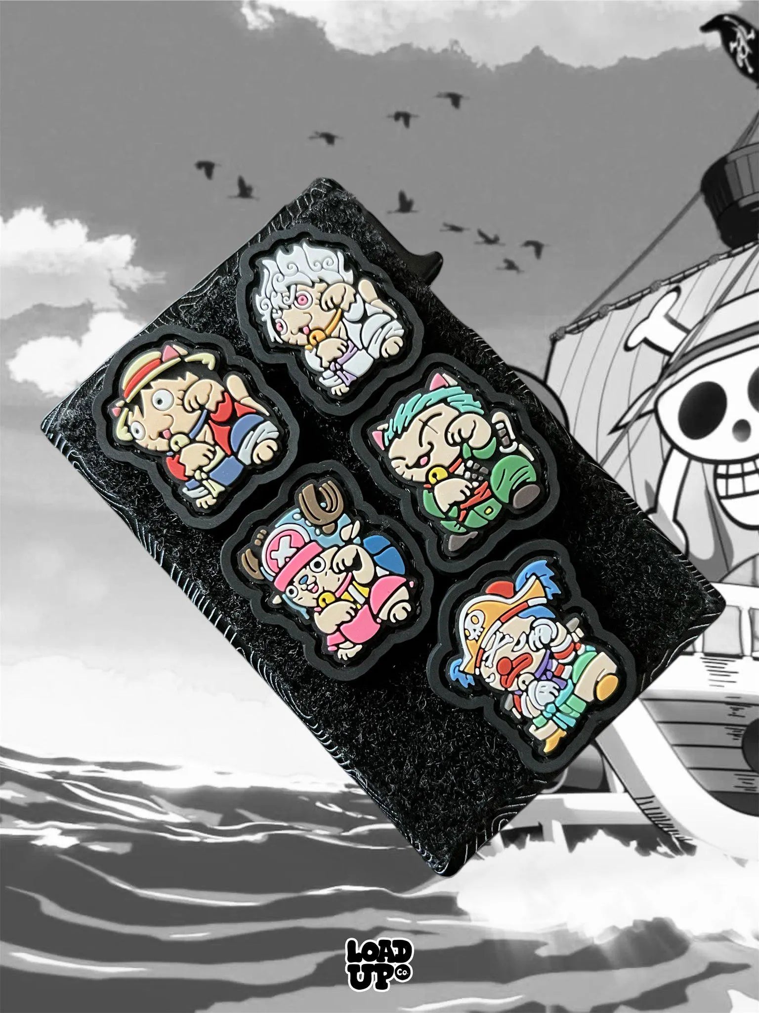 Pirate  Neko REs on a velcro wallet with an ocean and ship black and white background.