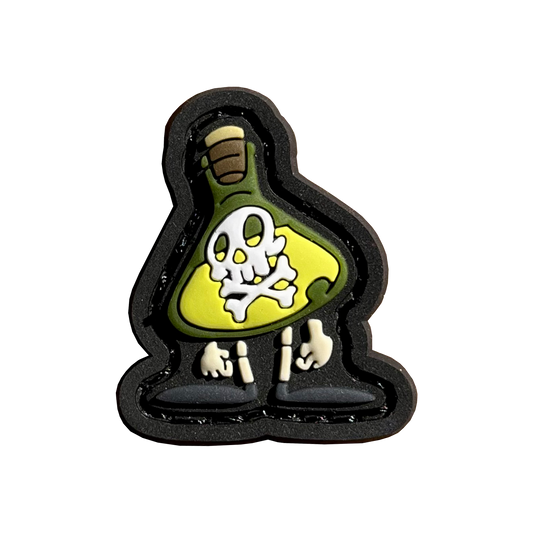 Poison Beaker RE PVC ranger eye morale patch of a beaker with arms and legs filled with green liquid and a skull and crossbones on the center.