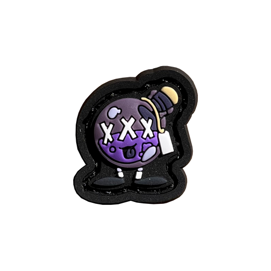 Poison Flask RE PVC ranger eye morale patch of a round purple bottle with 3 'Xs' on the front and a smiley mouth.