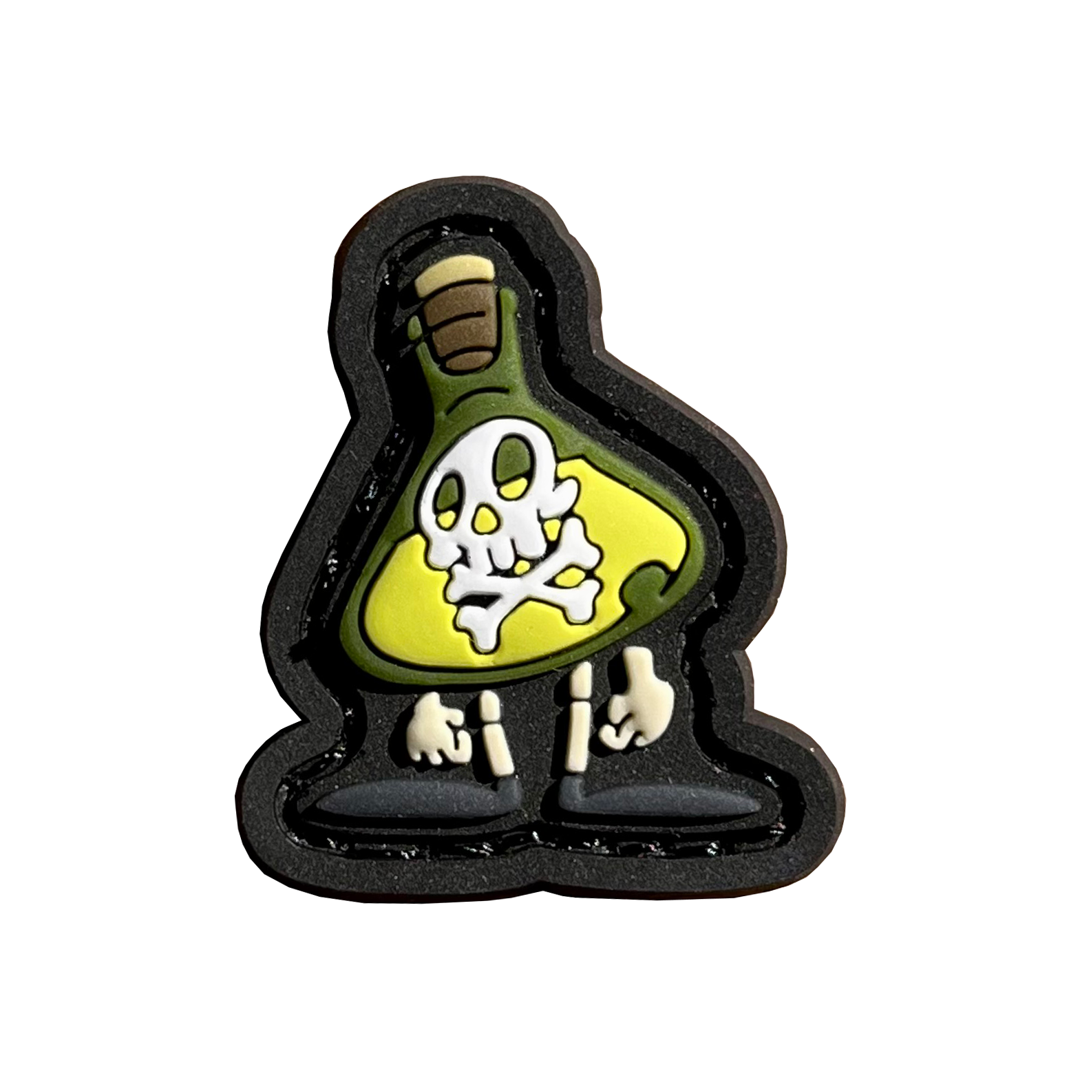 a beaker with arms and legs filled with green liquid and a skull and crossbones on the center