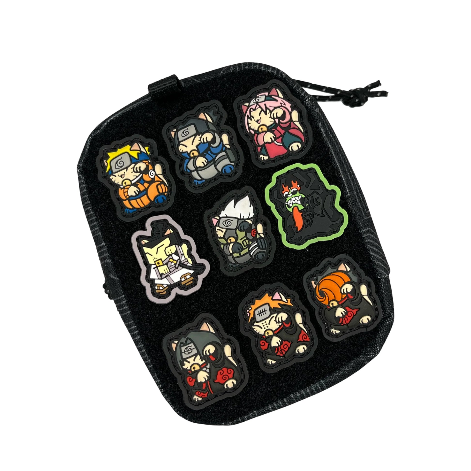 Back side of a pouch with REs including Naruto themed Nekos and Samurai Jack & Aku Neko REs.
