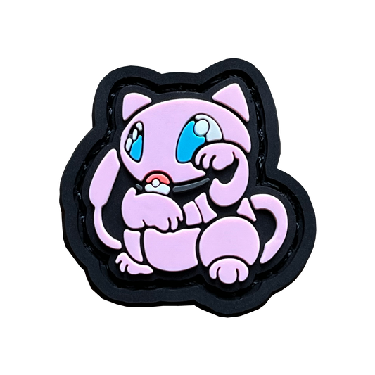 Psychic Monster Neko RE PVC ranger eye morale patch of a pink cartoon character sitting in a lucky cat maneki-neko pose.