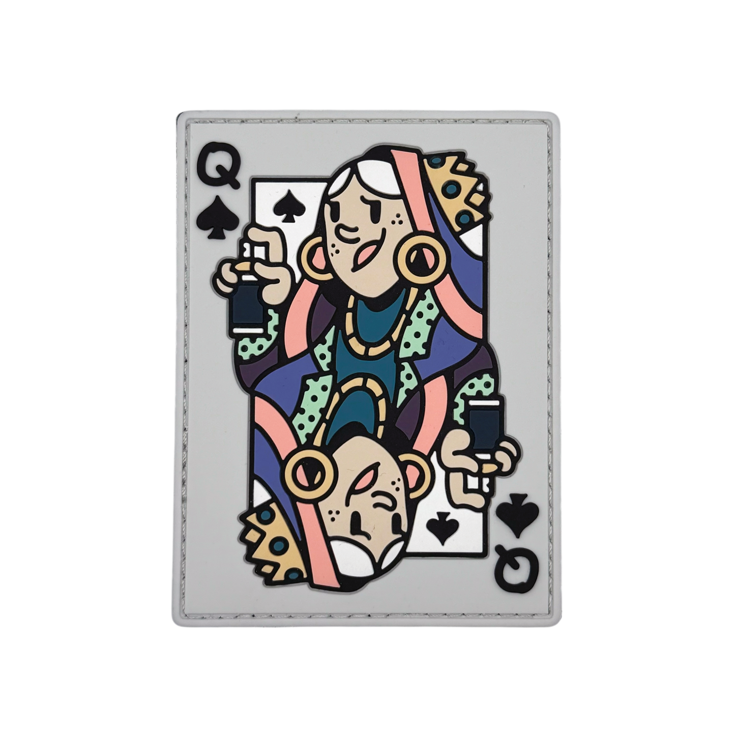 Queen of Spades Patch playing card depicting a queen holding a spray can bottle.