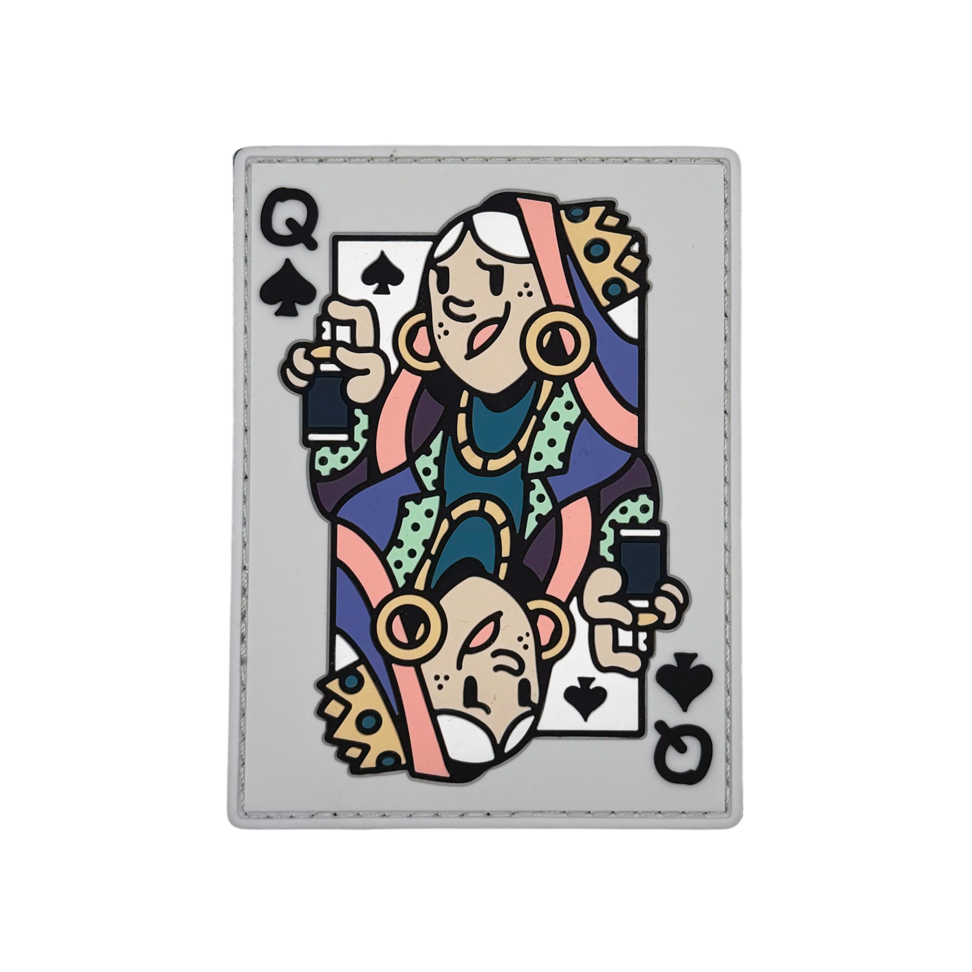 Queen of Spades Patch playing card depicting a queen holding a spray can bottle.