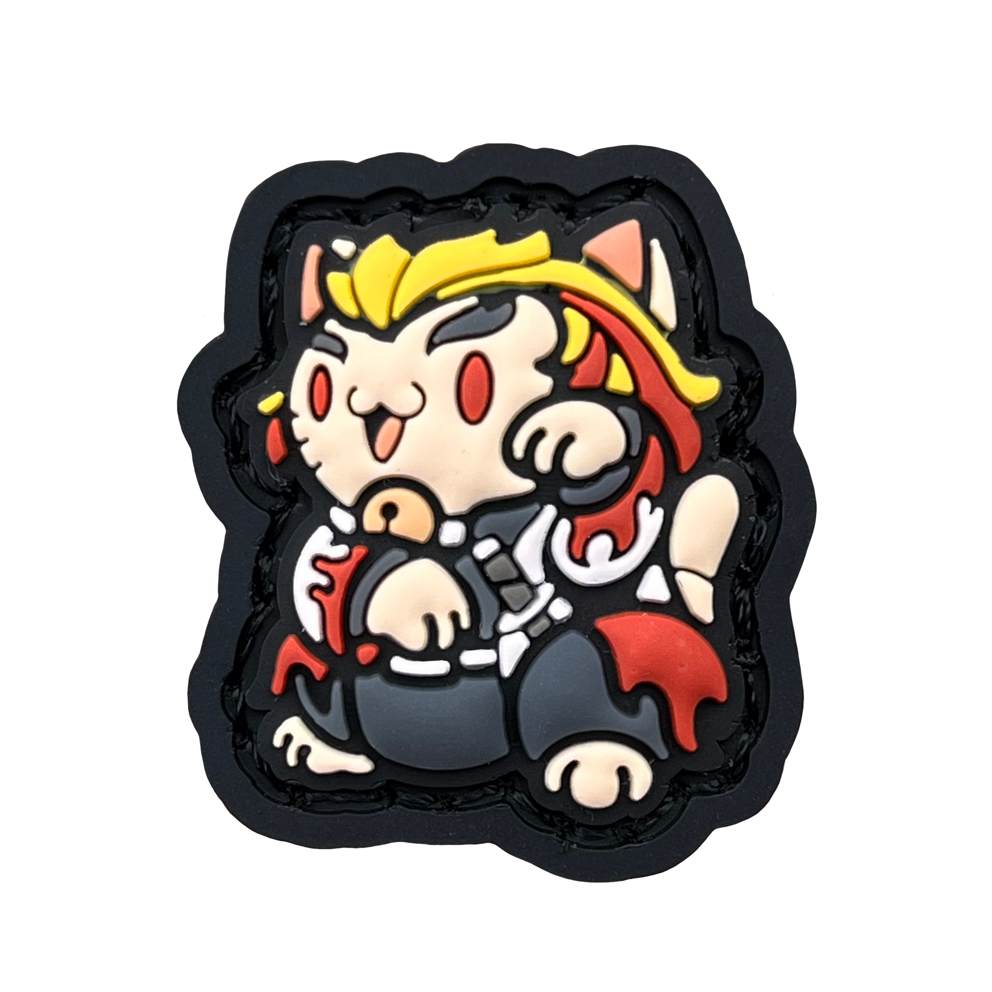 a small patch depicting rengoku of demon slayer in a lucky cat (neko) pose for good fortune.