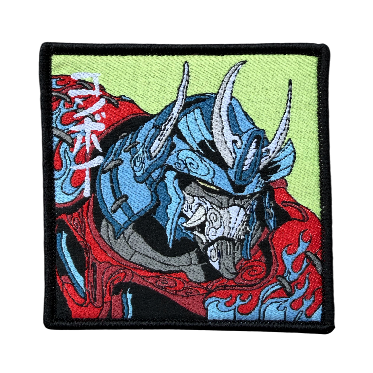 Embroidered patch with a blue and red warrior design on a green background