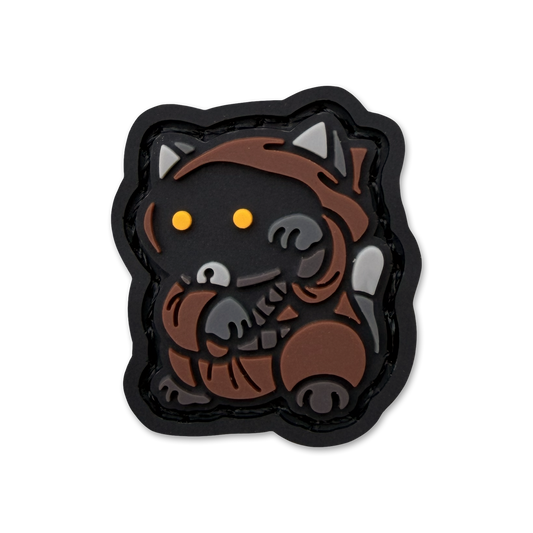 Scavenger Neko RE ranger eye pvc morale patch of a character in a brown robe sitting in a lucky cat maneki neko pose