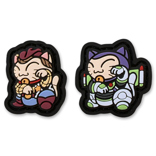 sheriff astronaut neko re set ranger eye pvc morale patch of a sheriff and an astronaut cartoon character sitting in a lucky cat maneki neko pose