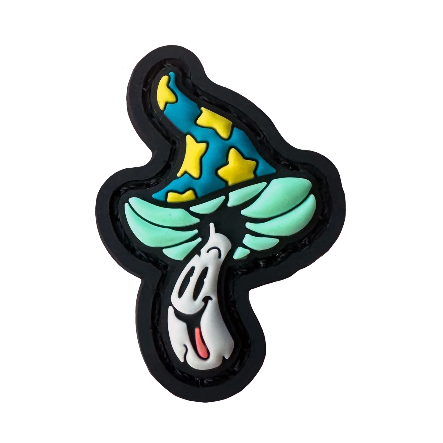 Shroomie RE PVC ranger eye morale patch of a green and yellow mushroom character.