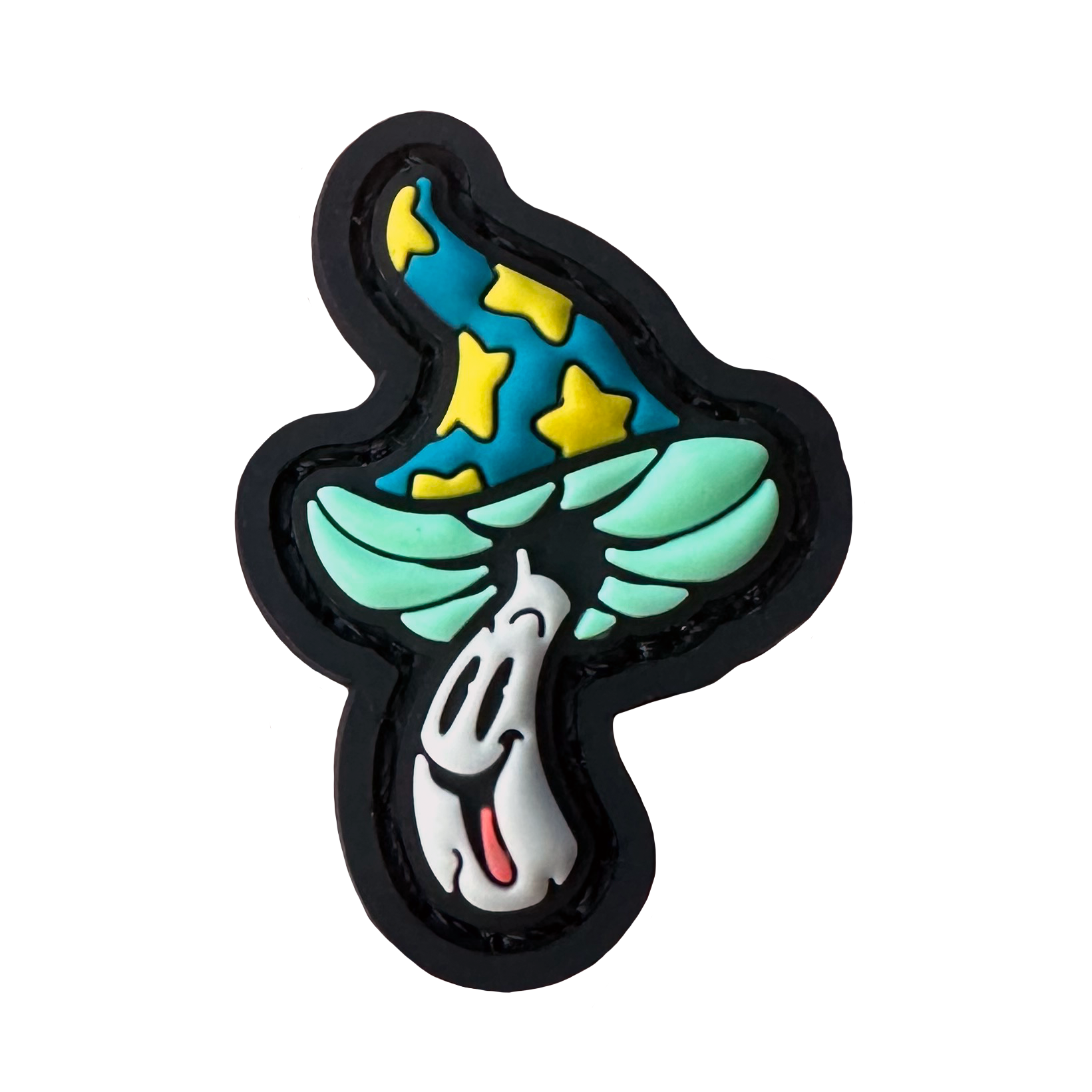Shroomie RE PVC ranger eye morale patch of a green and yellow mushroom character.