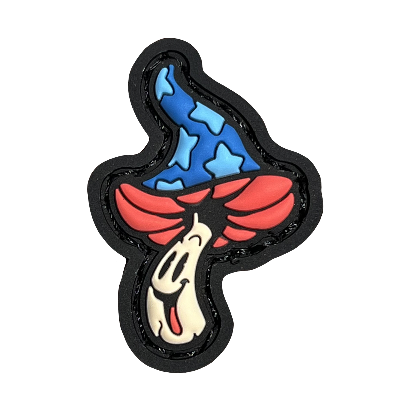 a red, blue, and peach smiling mushroom whose cap is reminiscent of mickey sorcerer fantasia 