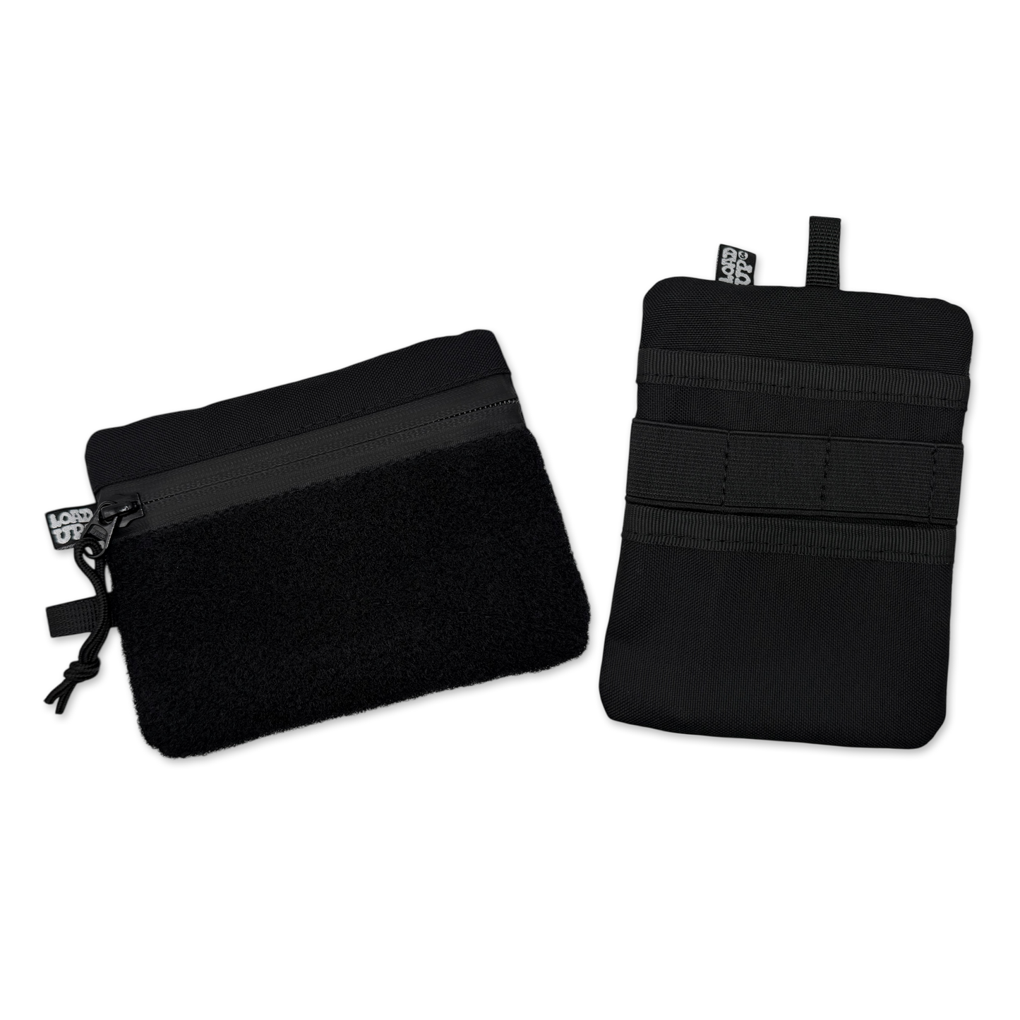An image of the LOADUP Sidekick 003 Pouch - Black showing the front and back of the every day carry velcro pouch.