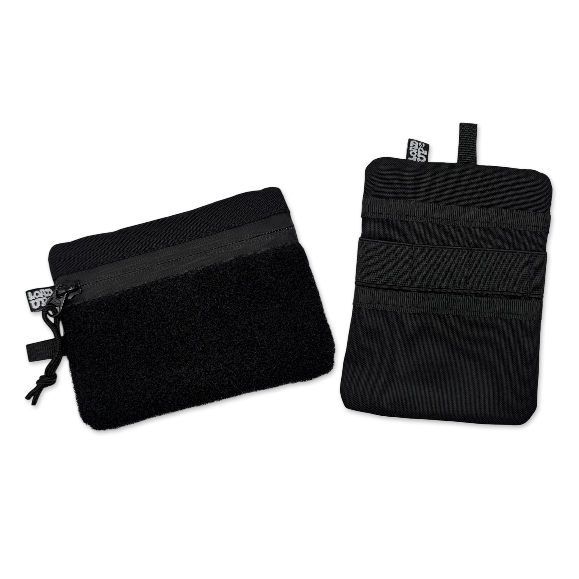 An image of the LOADUP Sidekick 003 Pouch - Black showing the front and back of the every day carry velcro pouch.