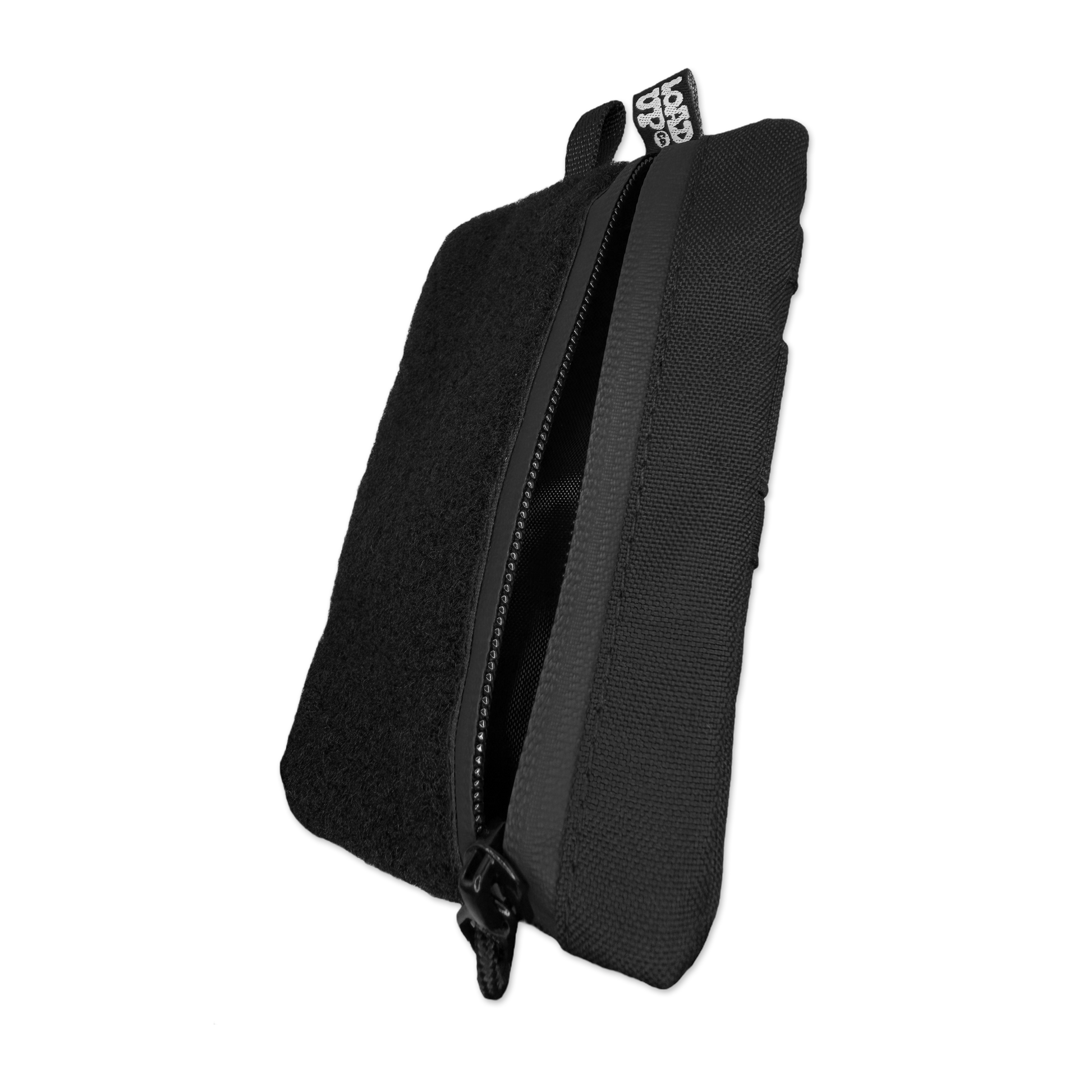Sidekick 003 Pouch - Black front angle view with zipper and velcro loop space for patches. Zipper is open.