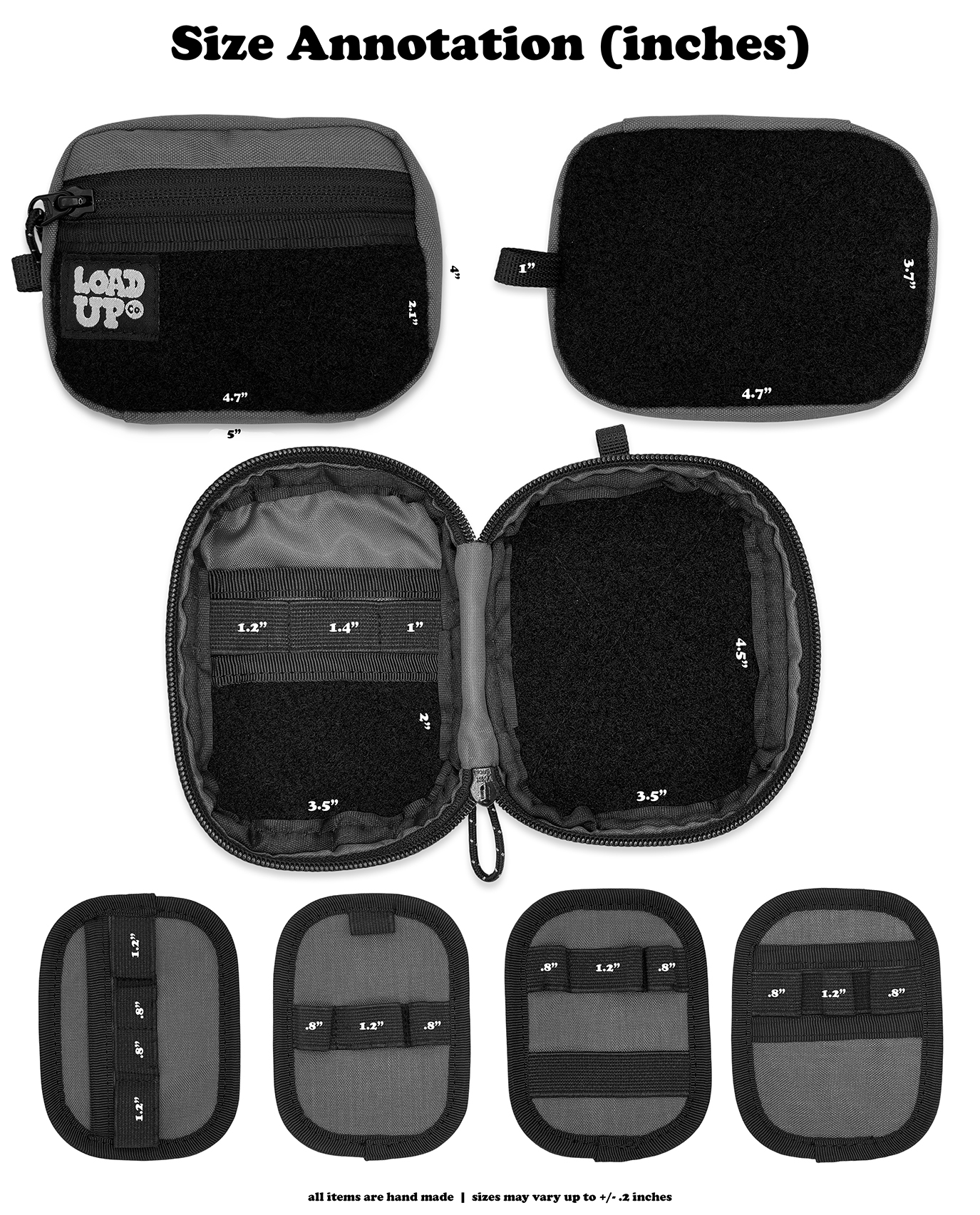 Measurements of all sides and insides of the Companion 003 Modular Pouch in inches.