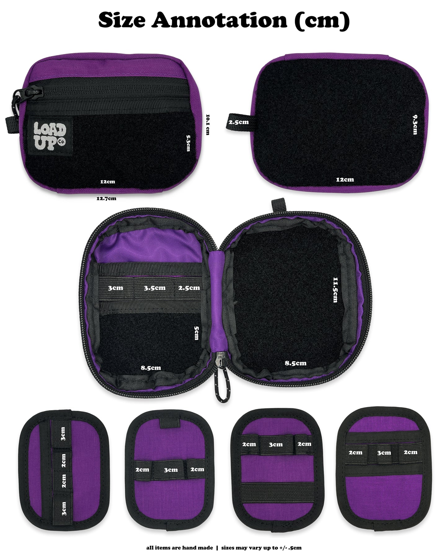 Purple and black pouches with size annotations in centimeters on a white background