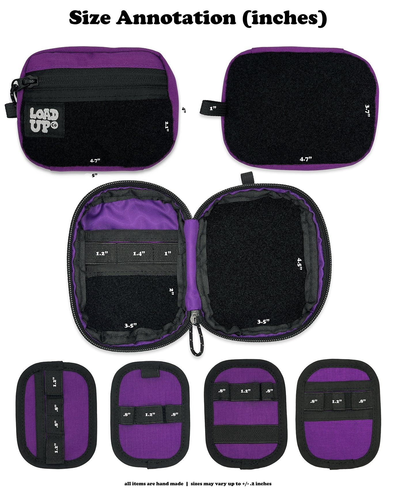 Purple and black bags with size annotations in inches on a white background