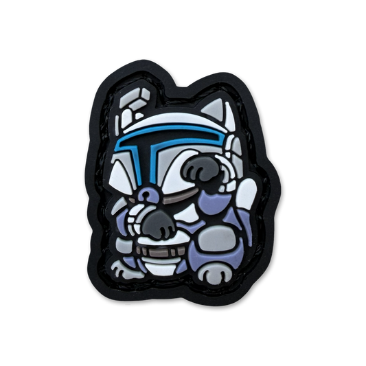 Space Bounty Hunter neko re ranger eye pvc morale patch of a character wearing a helmet in a lucky cat maneki neko pose