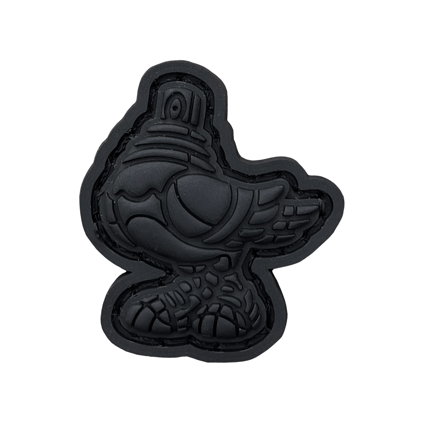 Spraygeon RE - Blackout PVC ranger eye morale patch of a fully black pigeo with spray paint can tip for a head and wearing tennis shoes.