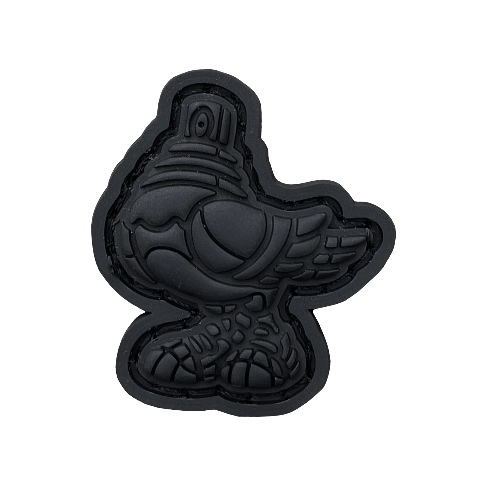Spraygeon RE - Blackout PVC ranger eye morale patch of a fully black pigeo with spray paint can tip for a head and wearing tennis shoes.