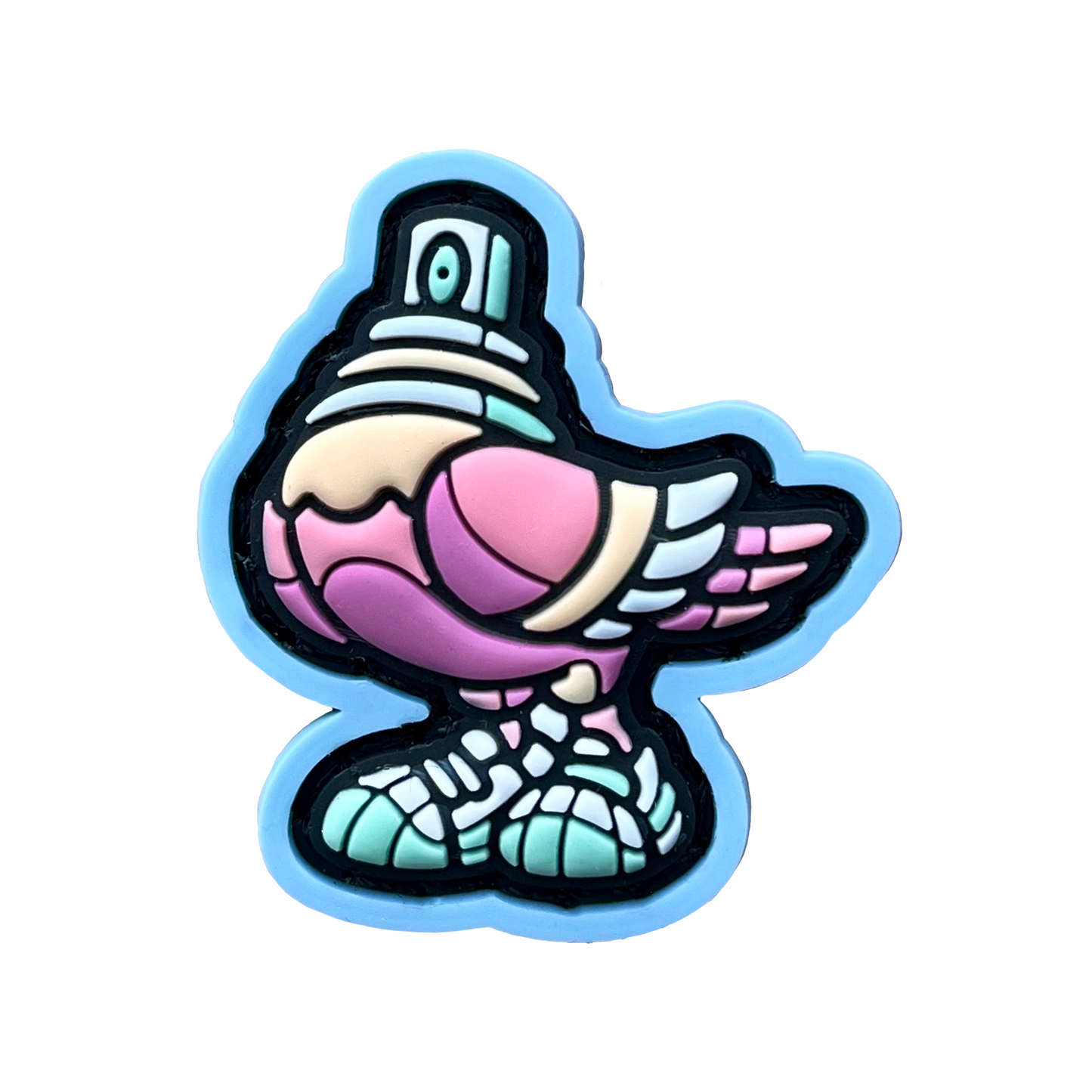 Spraygeon RE - Candy PVC ranger eye morale patch of a pink pigeon with a spray paint cap head and tennis shoes with a blue outline.