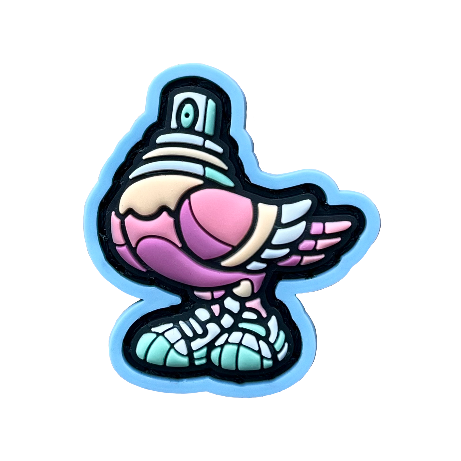 Spraygeon RE - Candy PVC ranger eye morale patch of a pink pigeon with a spray paint cap head and tennis shoes with a blue outline.