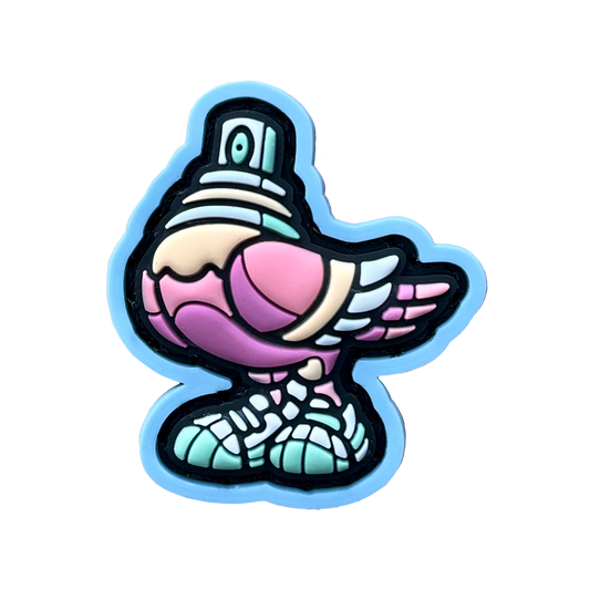 Spraygeon RE - Candy PVC ranger eye morale patch of a pink pigeon with a spray paint cap head and tennis shoes with a blue outline.