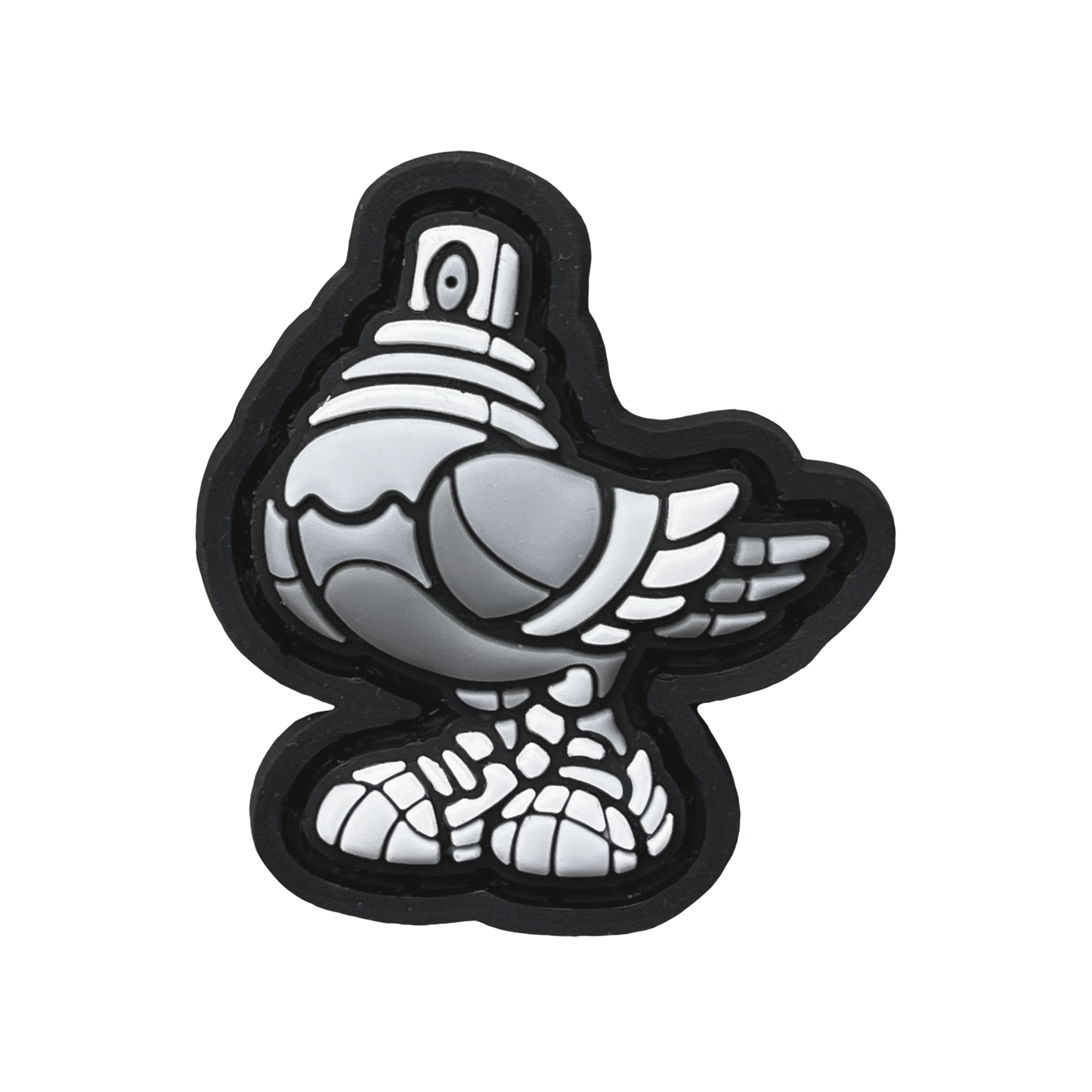 Spraygeon RE - Grayscale PVC ranger eye morale patch of a grayscale colored pigeon with a spray paint cap head wearing tennis shoes.