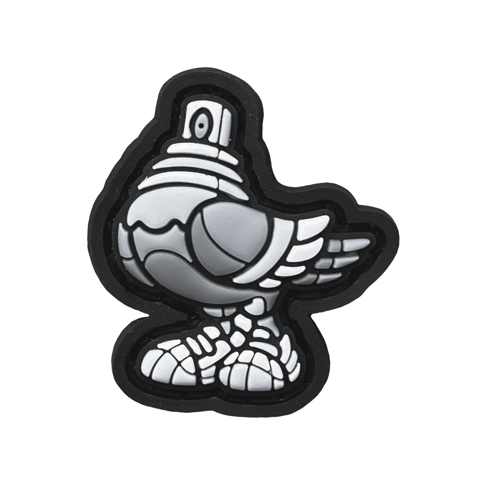 Spraygeon RE - Grayscale PVC ranger eye morale patch of a grayscale colored pigeon with a spray paint cap head wearing tennis shoes.