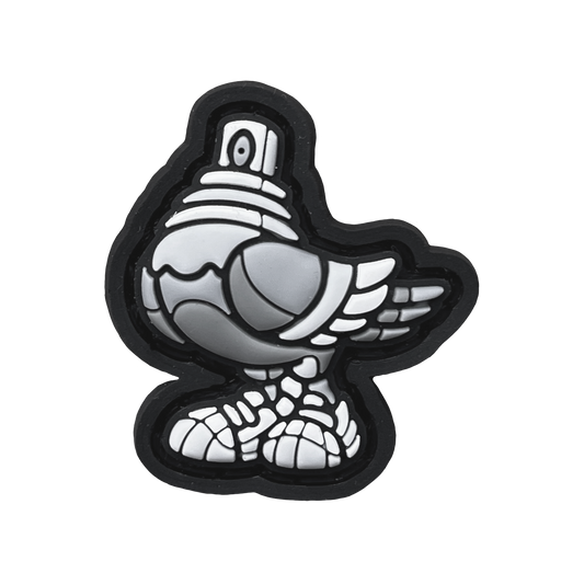 Spraygeon RE - Grayscale PVC ranger eye morale patch of a grayscale colored pigeon with a spray paint cap head wearing tennis shoes.