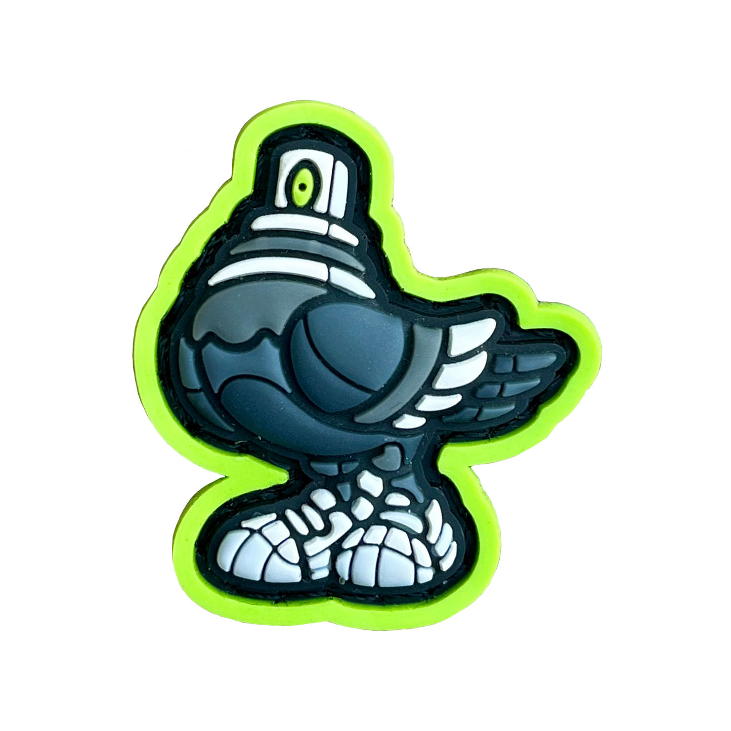 Spraygeon RE PVC ranger eye morale patch of a gray pigeon character with a spray can cap head and tennis shoes and lime green outline.