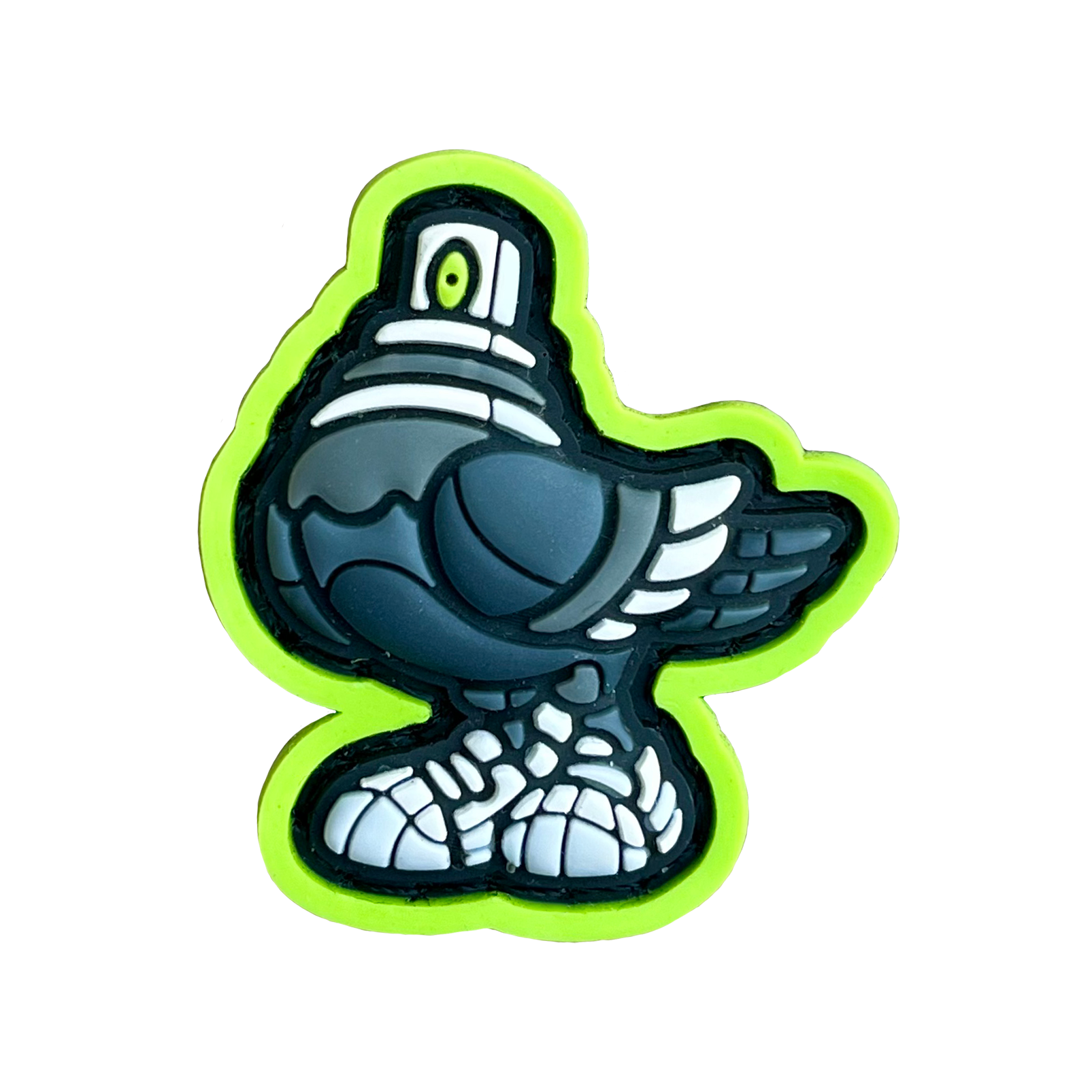 Spraygeon RE PVC ranger eye morale patch of a gray pigeon character with a spray can cap head and tennis shoes and lime green outline.