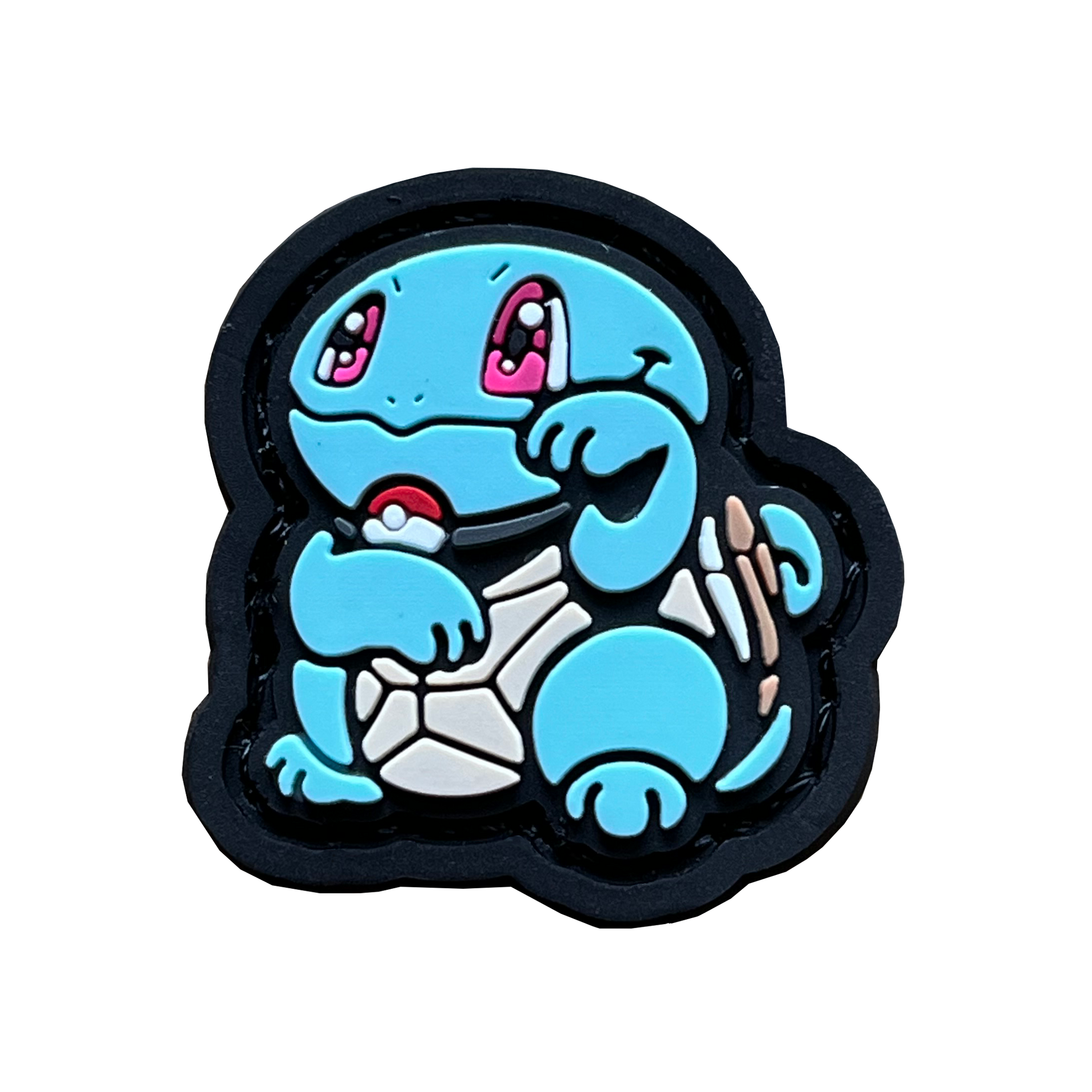 Squirtle Neko RE PVC ranger eye morale patch of a blue turtle character sitting in a lucky cat maneki-neko pose.