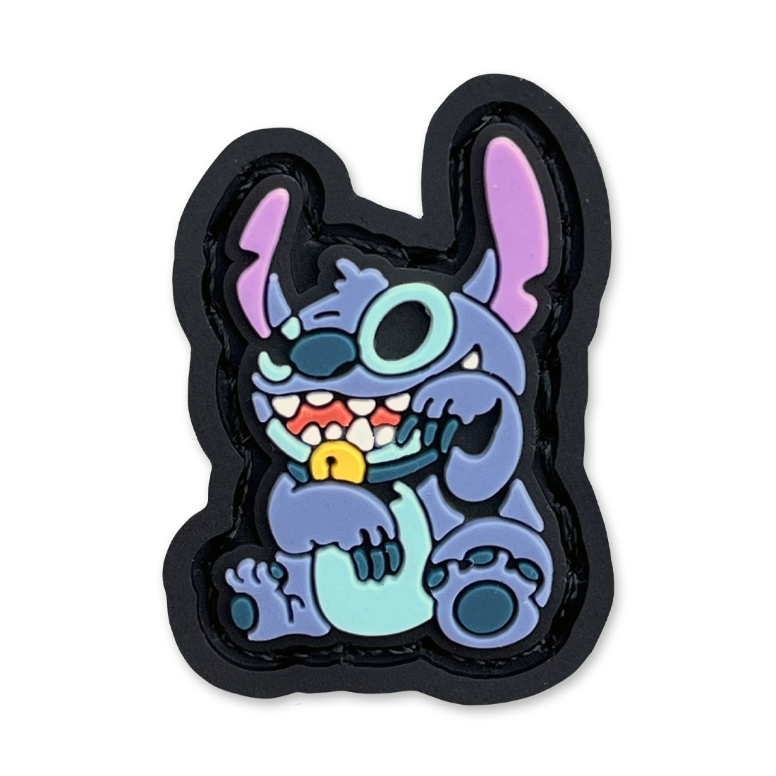 Stitch Neko RE ranger eye morale patch of a cute blue alien cartoon sitting in a lucky cat maneko pose.