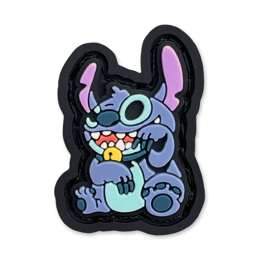 Stitch Neko RE ranger eye morale patch of a cute blue alien cartoon sitting in a lucky cat maneko pose.