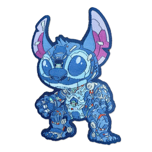 Blue robot-like character patch with pink accents on a white background