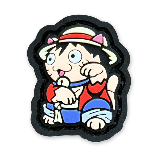 Straw Hat Pirate Neko RE PVC ranger eye patch of a cartoon character wearing a red shirt and straw hat in a lucky cat maneko pose.