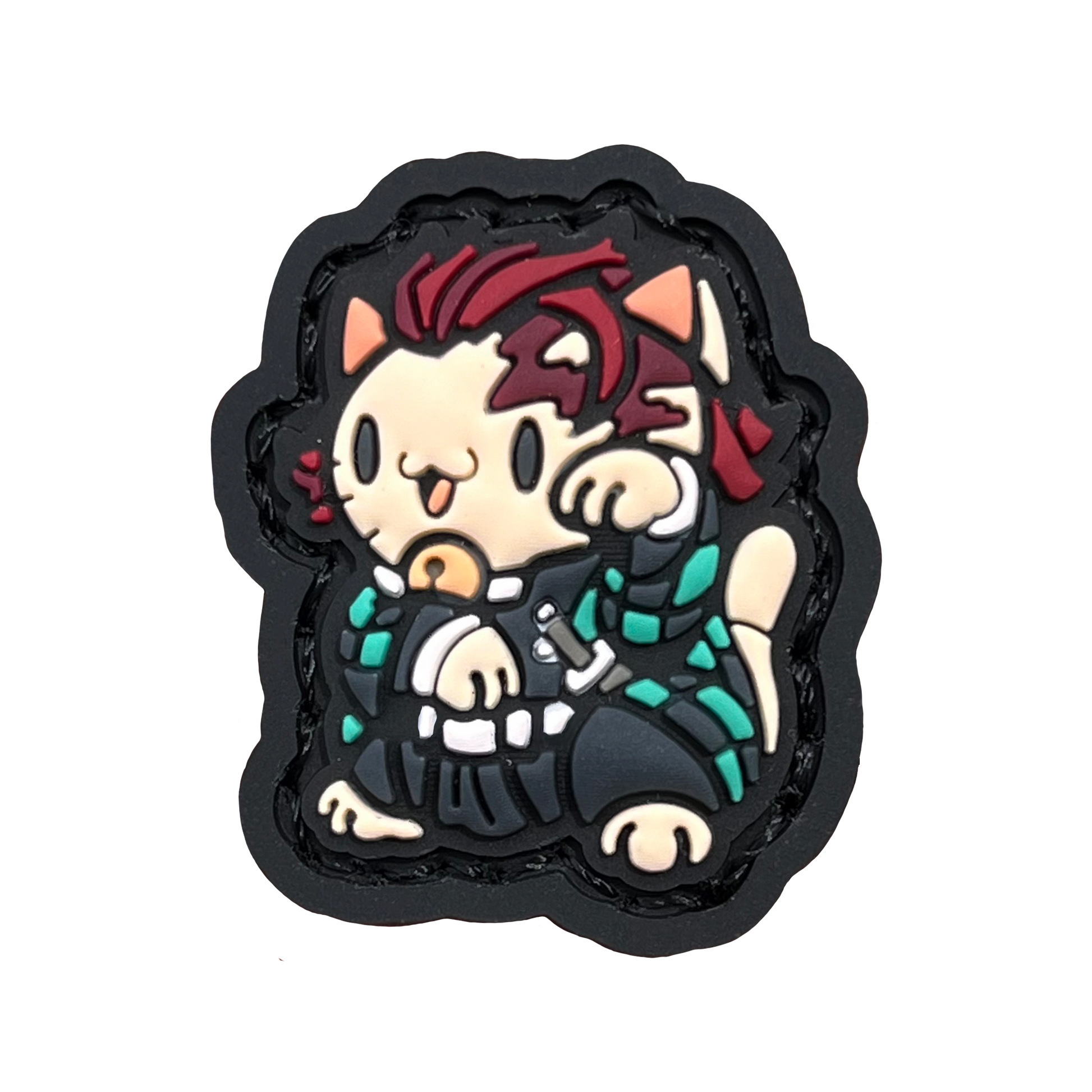 a small patch depicting tanjiro of demon slayer in a lucky cat (neko) pose for good fortune.