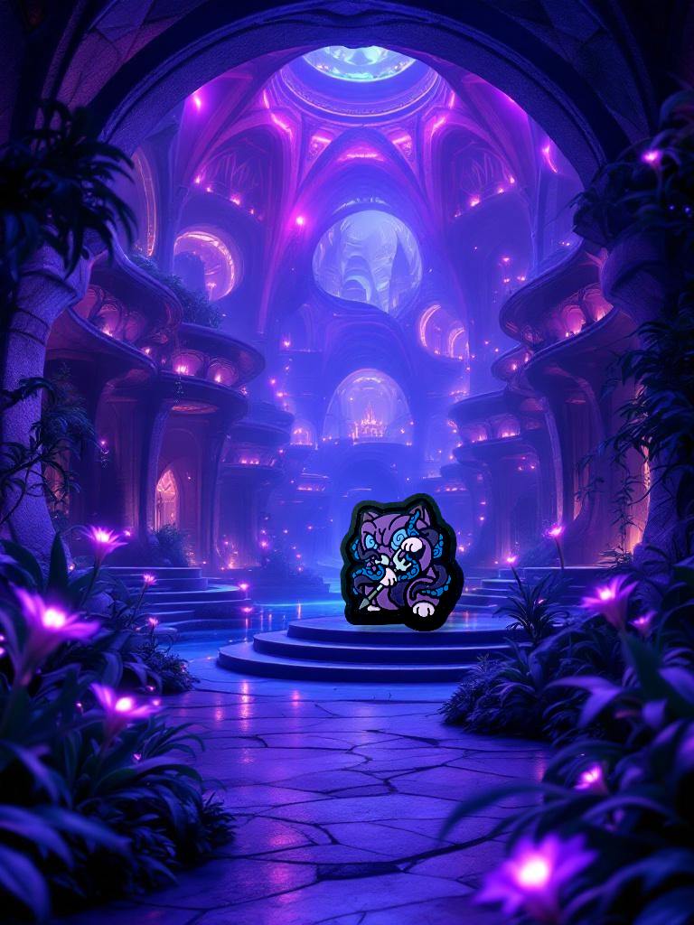 Tentekko Patch Set ranger eye of the purple and blue kraken character holding a trident. Background is a purple and blue ethereal looking palace.