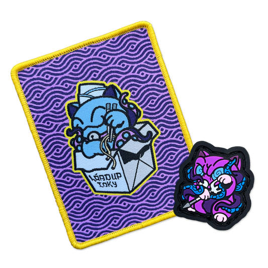 Tentekko Patch Set morale patch and ranger eye. Small ranger eye is a purple and blue kraken creature with a trident sitting in a lucky cat maneko pose. Woven morale patch features a blue cat character holding chopsticks inside of a takeout box labeled LOADUP INKY, background features purple waves and a yellow border.