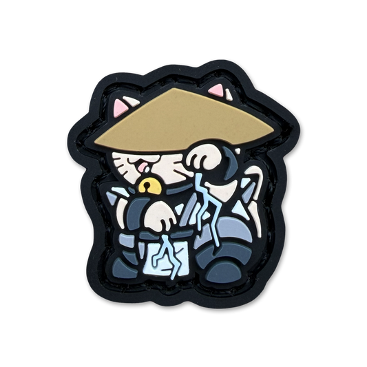 Thunder Combat Neko RE ranger eye PVC morale patch of a character with lightning hands in a lucky cat maneki neko pose.