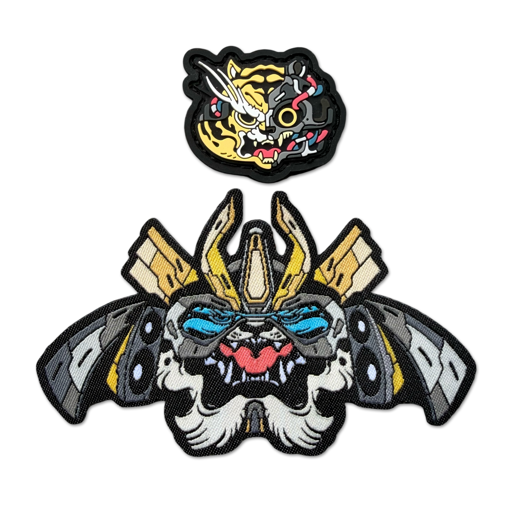 Tigers N Torches Patch Set ranger eye pvc velcro patch of a mechanical tiger and a woven nylon patch of a samurai tiger with speakers on the helmet.