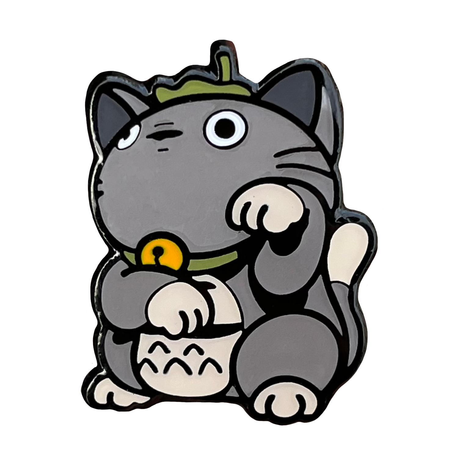Totoro Neko Pin of a gray anime cartoon character in a lucky cat maneko pose.
