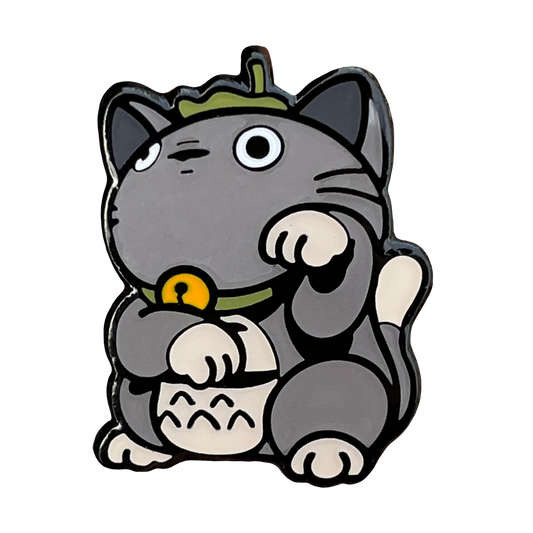 Totoro Neko Pin of a gray anime cartoon character in a lucky cat maneko pose.