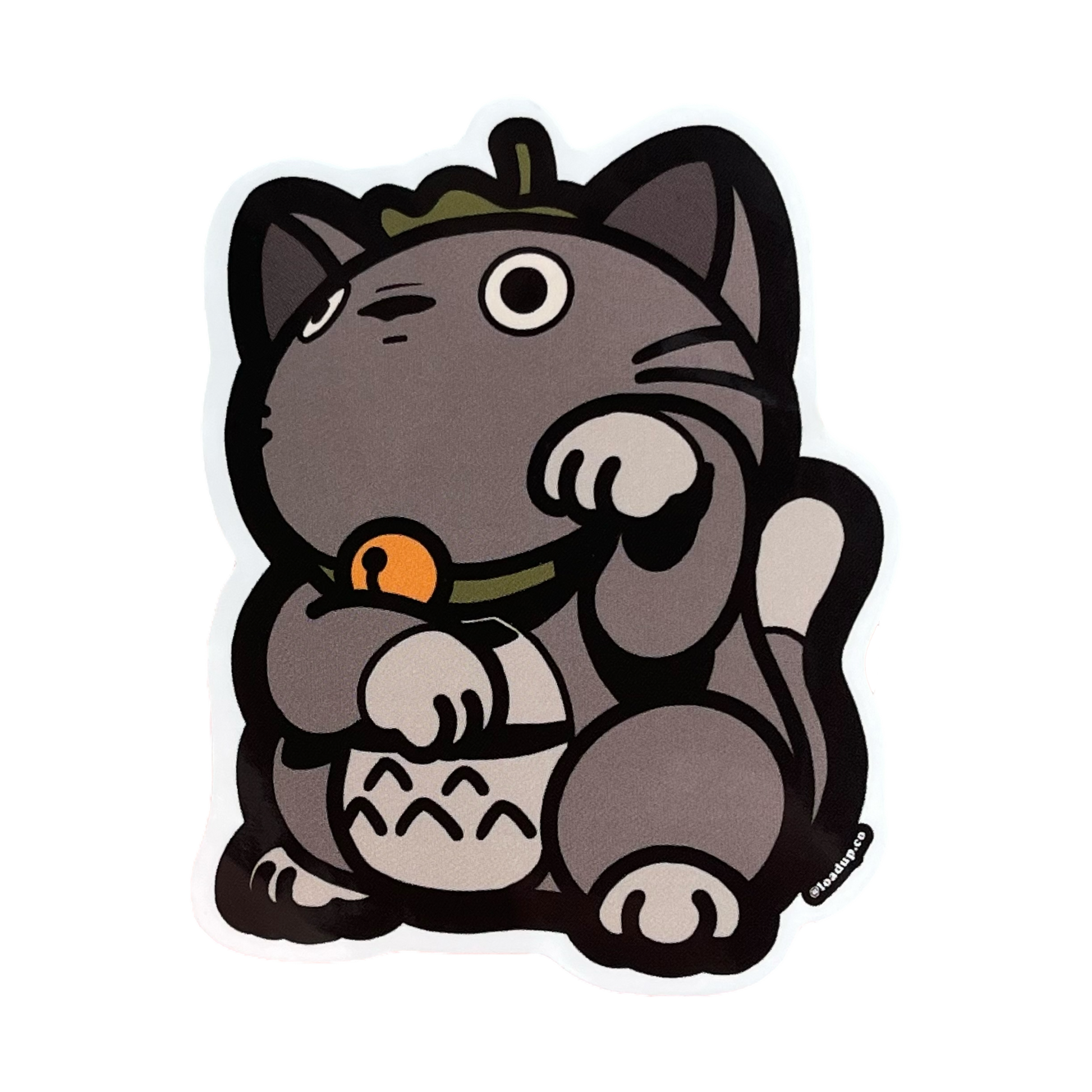 Totoro Neko Sticker of a gray anime character in a lucky cat maneki-neko pose.