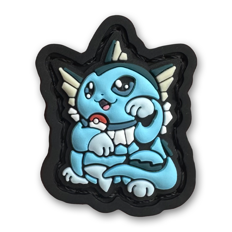 Vaporeon Neko RE PVC ranger eye morale patch of a blue monster character sitting in a lucky cat maneki-neko pose.