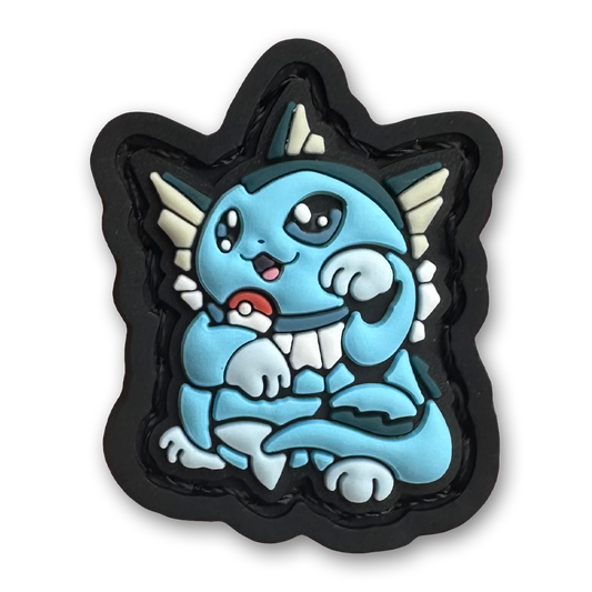 Water Monster Neko RE PVC ranger eye morale patch of a blue monster character sitting in a lucky cat maneki-neko pose.