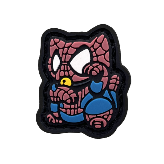 Web Slinger Neko RE PVC ranger eye morale patch of a superhero in a lucky cat maneki-neko pose.