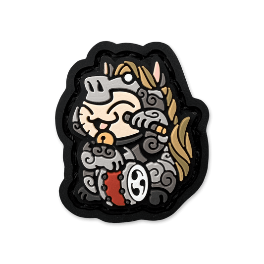 Year of the Horse Neko RE PVC patch depicting a cat in a horse outfit playing a drum.